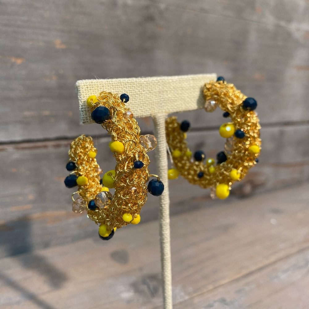 Small Hand Made Gold Crochet Beaded Hoops - Picture 4 of 11